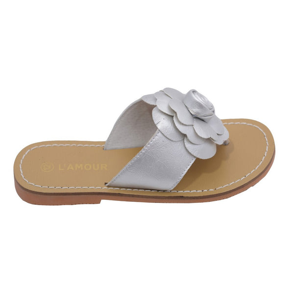 L'Amour Toddler Girls Silver Patent Flower Flip Flop Sandals 7-10 Toddler - SophiasStyle.com